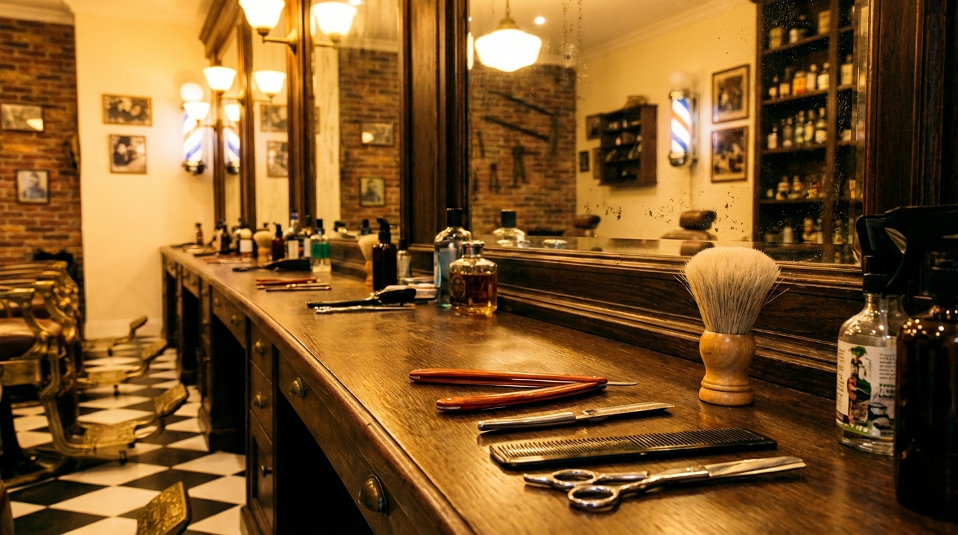 Barbershop tools arranged in a flat lay